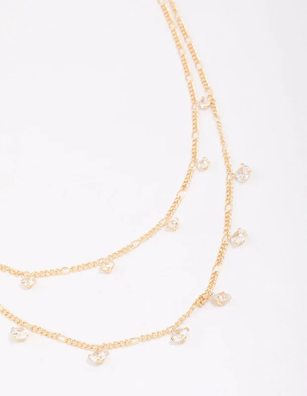 Gold Plated Double Cubic Zirconia Droplet Layered Necklace