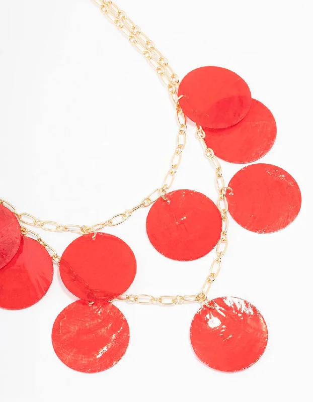 Gold & Red Circular Layered Disc Necklace