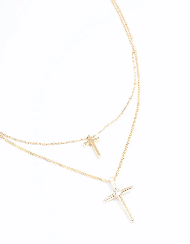 Gold Plated Layered Cross Necklace