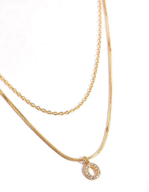 Letter O Gold Plated Layered Diamante Initial Necklace