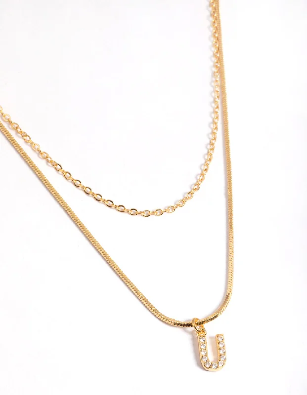 Letter U Gold Plated Layered Diamante Initial Necklace