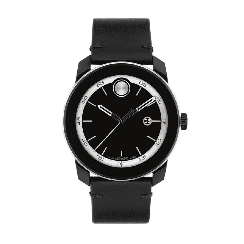 Movado Bold TR90 Mens Watch with Black and White Dial and Black Leather Strap (Swiss quartz movement)