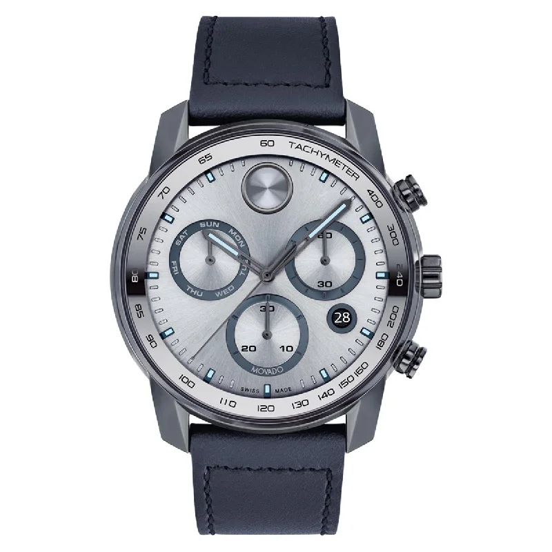 Movado Bold Verso Mens Chronograph Watch with Gray Ion Plate Dial and Navy Leather Strap (Swiss quartz movement)