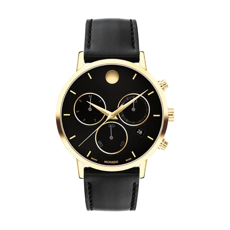 Movado Museum Classic Chronograph Mens Watch with Black Dial and Black Leather Strap (Swiss quartz movement)