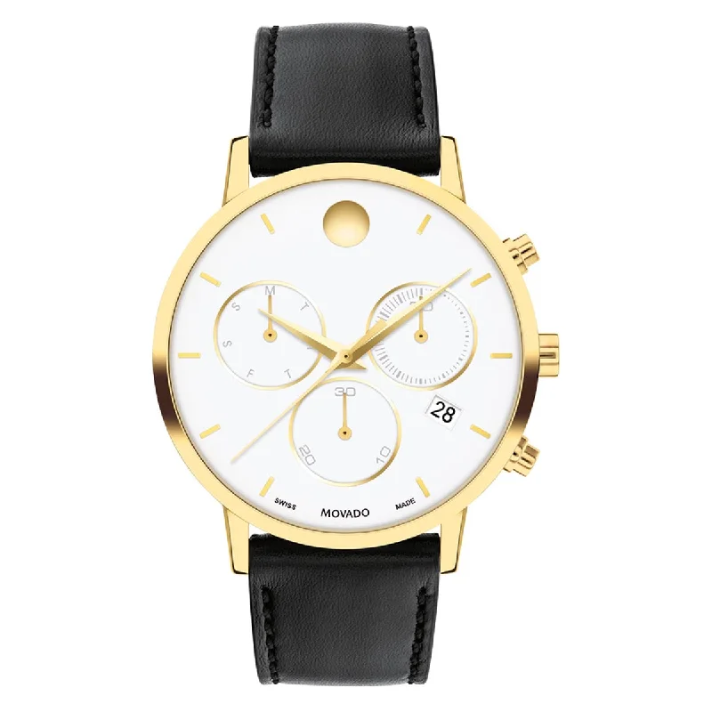 Movado Museum Classic Mens Chronograph Watch with White Dial and Black Leather Strap (Swiss quartz movement)