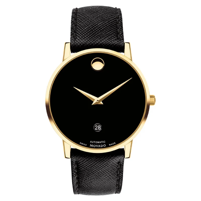 Movado Museum Classic Automatic Mens Watch with Black Dial and Black Leather Strap (Swiss automatic movement)