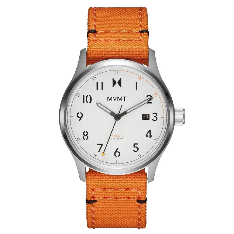 MVMT Field II Mens Watch with White Dial and Orange Nylon Strap (quartz movement)