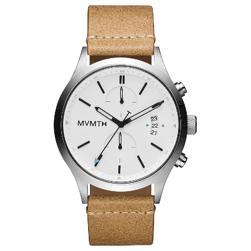 MVMT Mens Chronograph Watch with White Dial and Tan Leather Strap (quartz movement)