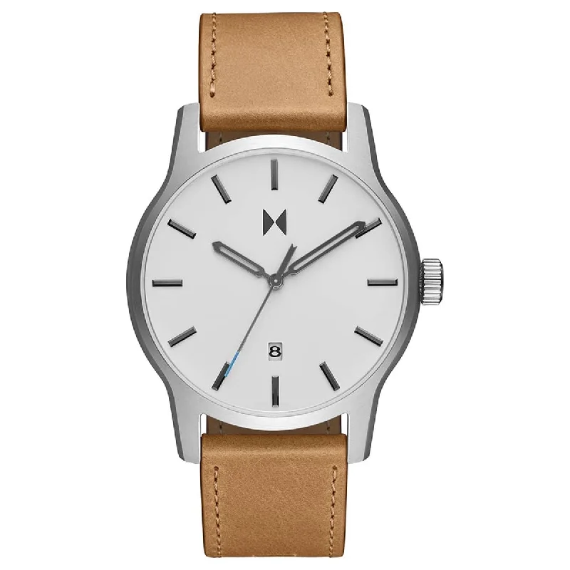 MVMT Classic II Mens Watch with White Dial and Tan Leather Strap (quartz movement)