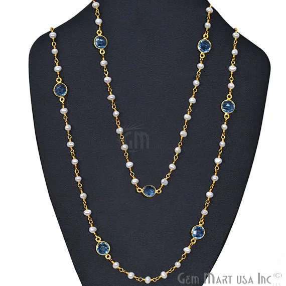 Pearl Necklace With Blue Topaz Chain, 30 Inch Gold Plated Beaded Finished Necklace