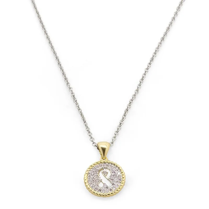 Pink Ribbon CZ Pendant Necklace Two Tone