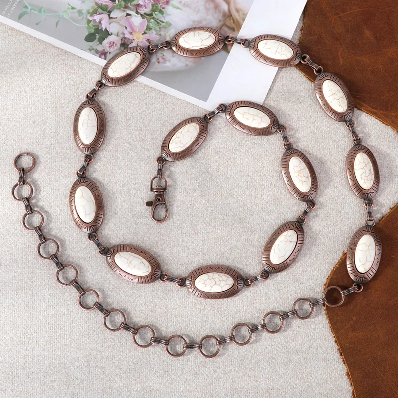 RCB-1021  Rustic Couture Copper Concho Link Chain Belt with White Turquoise Stone