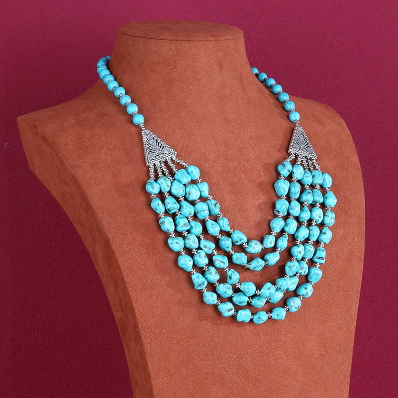 RNS-1009  Rustic Couture's  Turquoise Nuggets Layered  Necklace