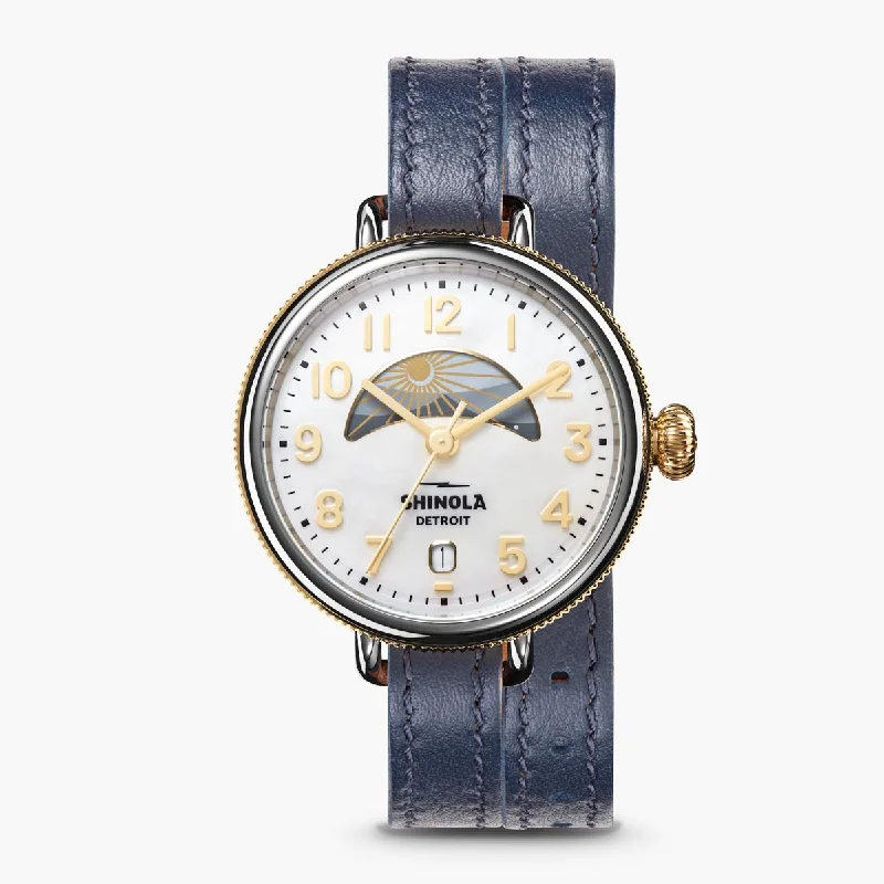 Shinola Big Birdy Womens Watch with White Dial and Navy and Burgundy Leather Flip Strap (quartz movement)