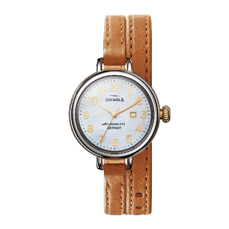 Shinola Birdy Watch with White Mother of Pearl  Dial and Brown Double Wrap Leather Strap (quartz movement)