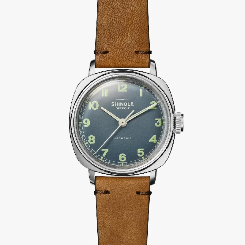 Shinola Mechanic Mens Watch with Blue Dial and Brown Leather Strap (manual movement)