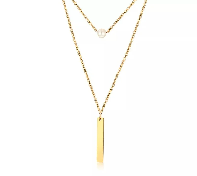 Stainless Steel Pearl/Bar Pendant Layered Necklace Gold Plated