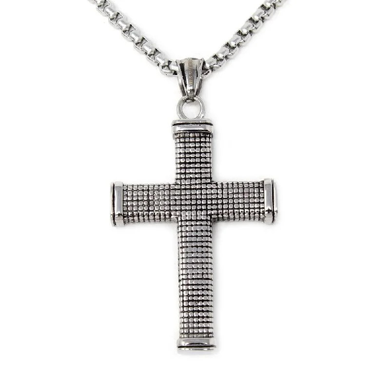 St Steel Necklace W Textured Square Design Cross