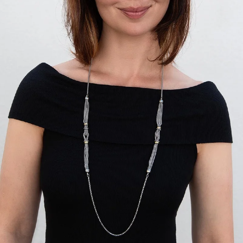 Two Tone 36 Inch Multi Chain Station Necklace