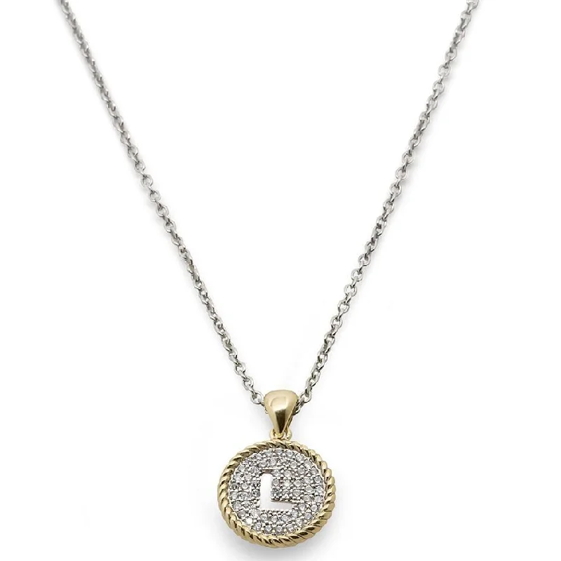 Two Tone Necklace Round Pave Initial - L