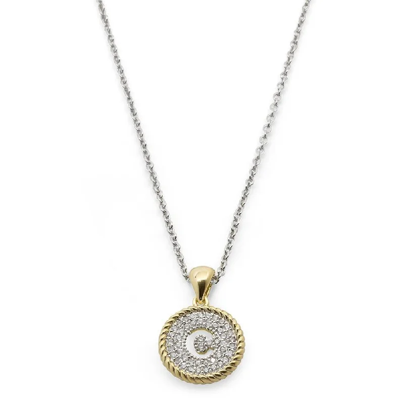 Two Tone Necklace Round Pave Initial - C