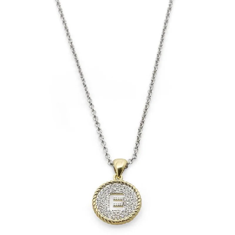 Two Tone Necklace Round Pave Initial - E