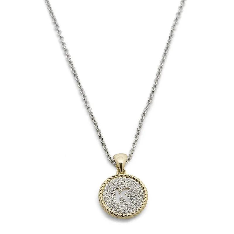 Two Tone Necklace Round Pave Initial - K