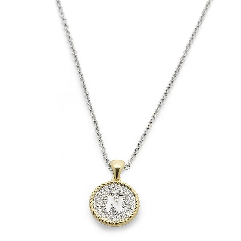 Two Tone Necklace Round Pave Initial - N