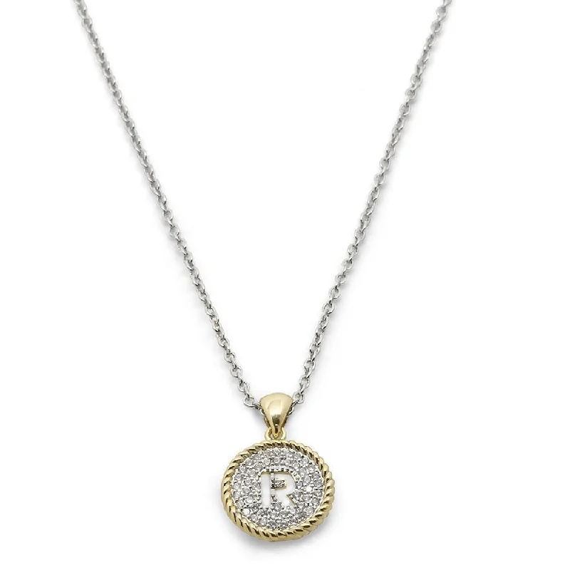 Two Tone Necklace Round Pave Initial - R