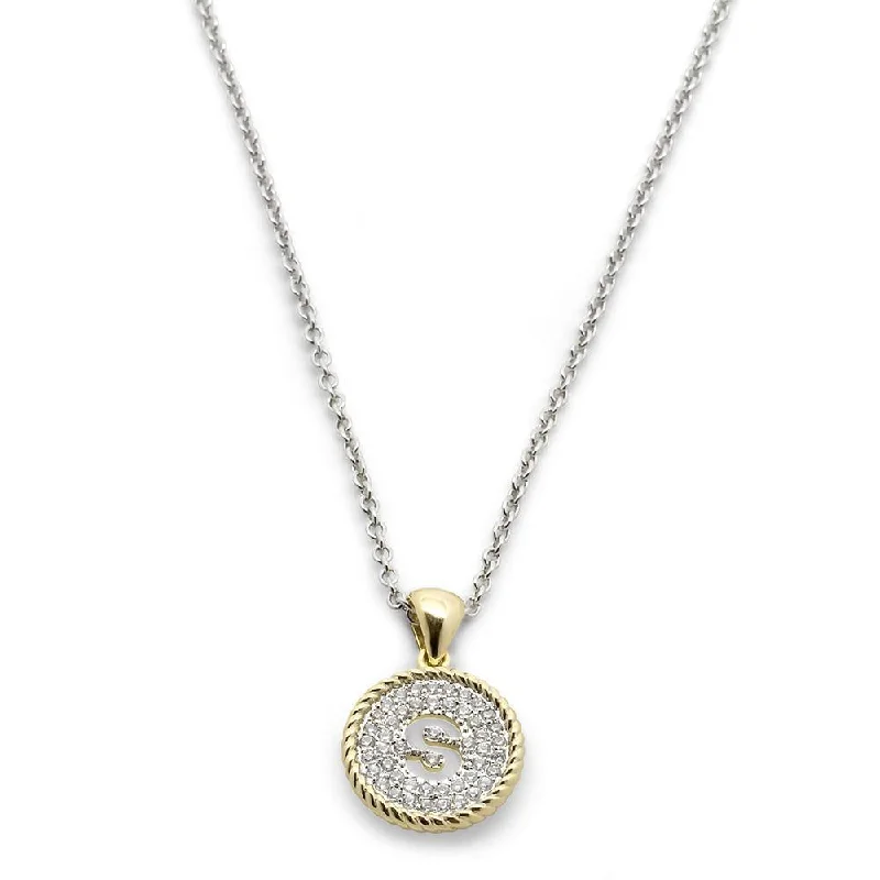 Two Tone Necklace Round Pave Initial - S