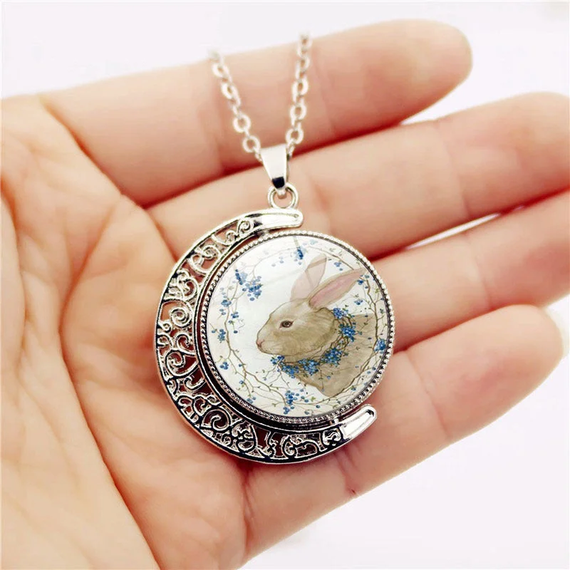 Wholesale Alloy Easter Bunny Reversible Rotating Moon Necklace