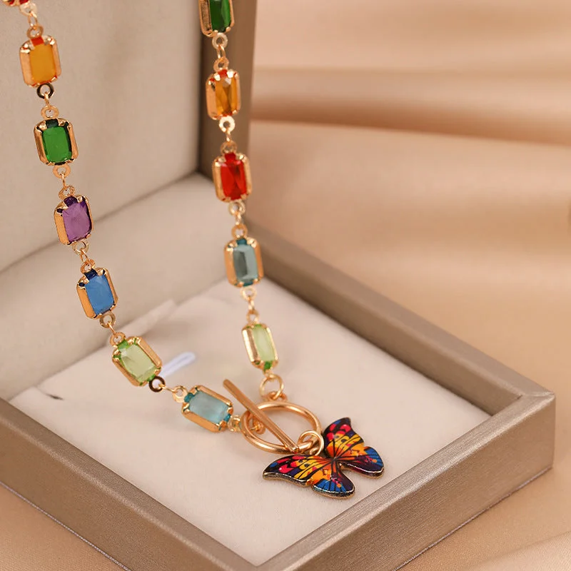 Wholesale Alloy Square Crystal Colorful Diamond Butterfly Necklace