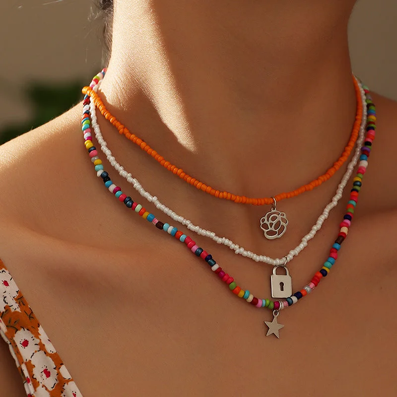 Wholesale Bohemian Colorful Rice Bead Necklace Alloy