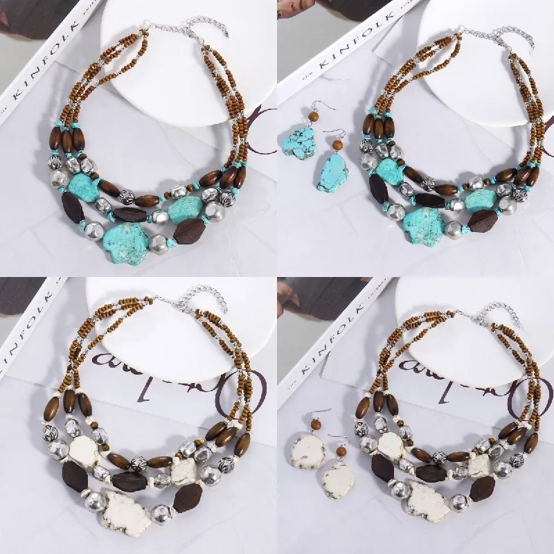 Wholesale Fashion Multi-layer Wooden Beads Shaped Turquoise Vintage Necklace