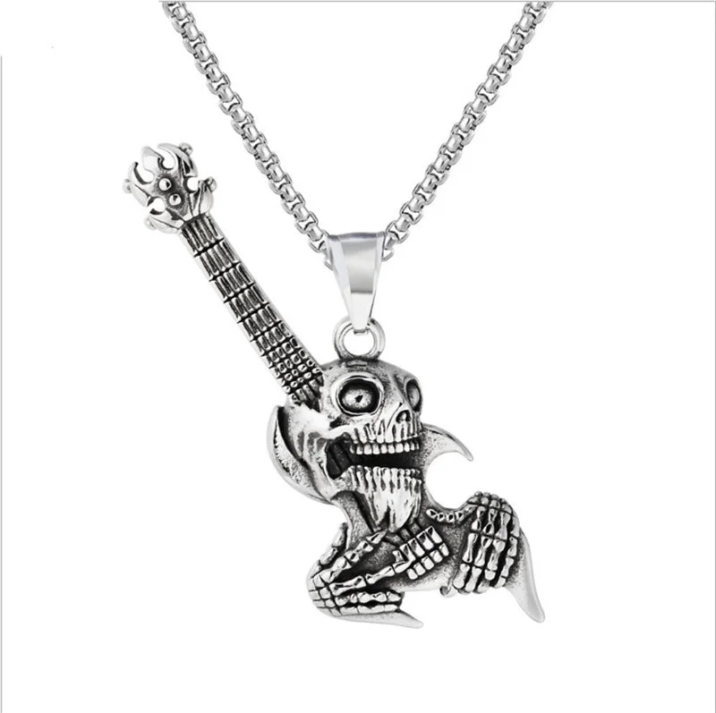 Wholesale Stainless Steel Skull Rock Guitar Pendant Necklace