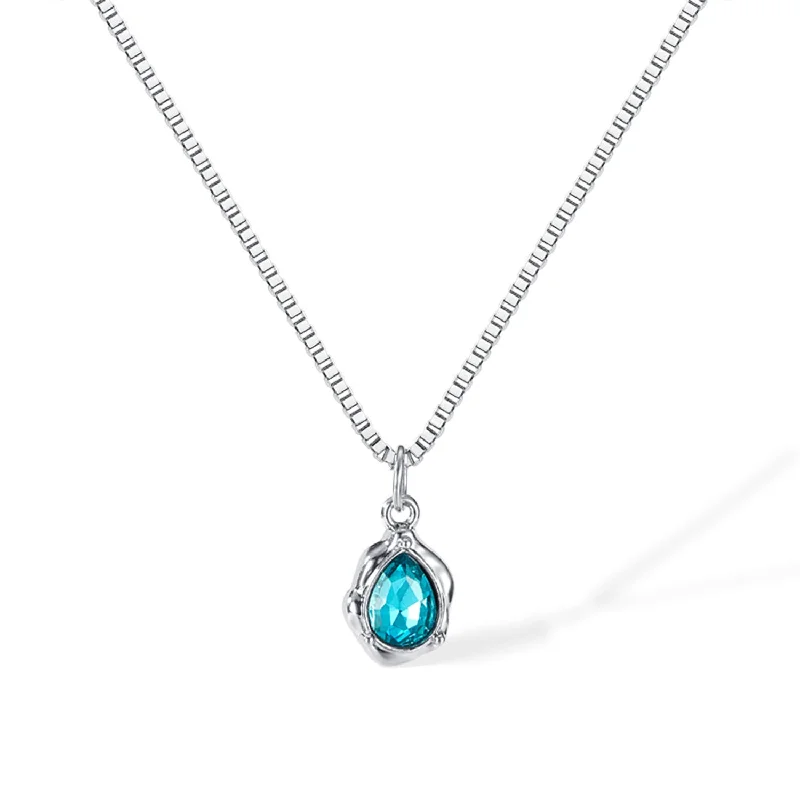 Wholesale Teardrop-shaped Blue Zircon Pendant Simple Stainless Steel Clavicle Chain