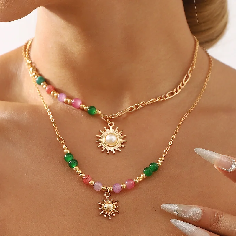 Wholesale Vintage Sun Inlaid Pearl Glass Beads Stacked Clavicle Necklace